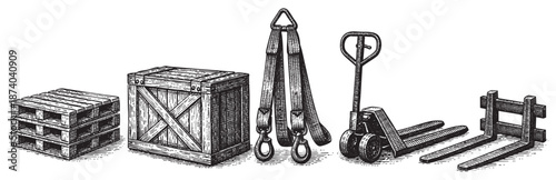 A detailed black and white illustration showcases essential warehouse logistics equipment, including stacked pallets, a wooden crate, lifting straps, and pallet jacks, arranged for commercial use.