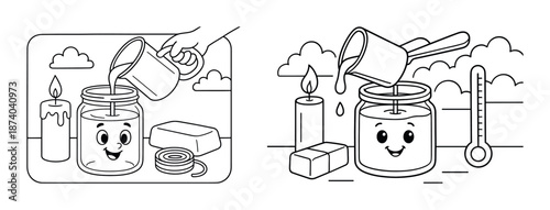 Guide to making scented candles: pouring wax into jars with smiling faces