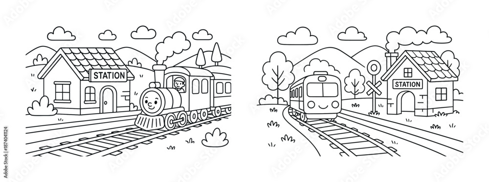 Naklejka premium Steam and modern trains at rural stations with mountains and clouds
