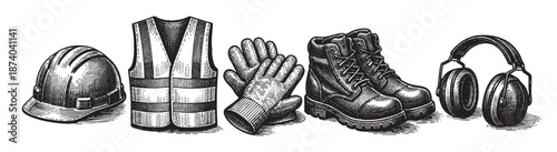 A vintage woodcut style illustration of essential construction safety equipment including a hard hat, safety vest, gloves, boots, and headphones, presented on a white background for versatile use.
