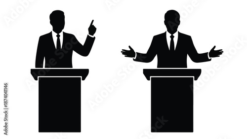 Vector Silhouettes of Two Speakers at Podium for Public Speaking