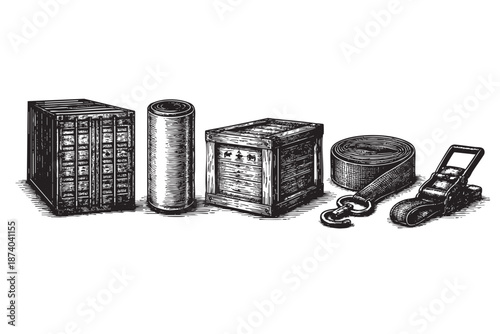 A black and white sketch depicts vintage wooden crates, a cardboard tube, and a cargo strap with ratchet and hook, suggesting logistics and manual labor.