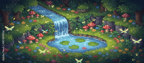 Enchanting pixel art fantasy forest scene with a waterfall, serene pond, lily pads, vibrant red mushrooms, colorful wildflowers, and glowing fireflies creating a magical ambiance