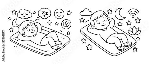 Child sleeping peacefully on bed with dreamy thoughts and stars