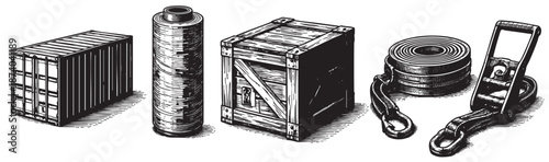 A vintage-style illustration showcases essential shipping and cargo elements, including a shipping container, spool, wooden crate, rope, and hand truck, set against a clean white background.