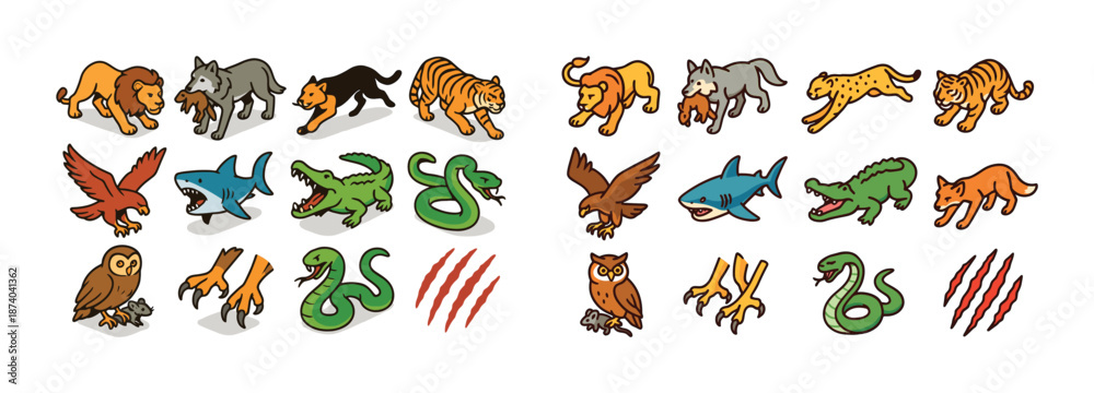 Obraz premium Wild animals collection: predators, birds, and reptiles illustrations