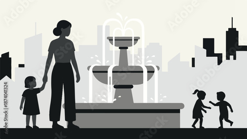 Black and white illustration of a family and children playing by a city fountain