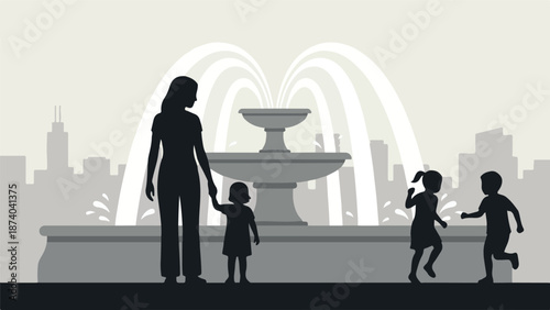 Family with children playing by a public fountain in a city park silhouette