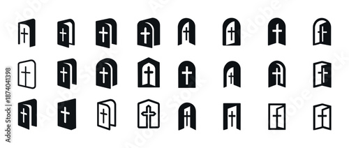Set of 24 church door icons with cross symbol in various styles