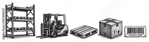 This is a black and white sketch of a warehouse environment showing a shelving unit, forklift, pallet, box, and barcode, ideal for logistics or inventory concepts.