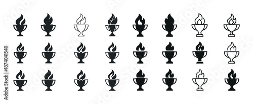 Collection of black and white trophy icons with flames