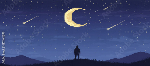 A pixel art landscape features a lone figure on a hilltop observing a crescent moon and shooting stars across a vast, dark blue night sky above silhouetted mountains
