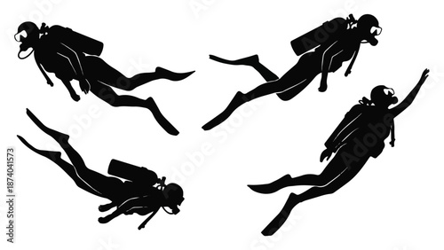 Set of Four Black Scuba Divers Silhouettes on White Background