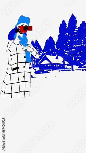 Stylized illustration of a woman filming a winter house with a camera. Concept of real estate video, travel vlog, lifestyle content, property promotion and modern media storytelling.