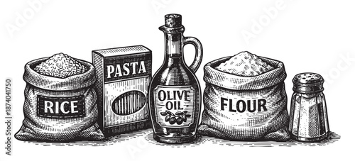 A charming, vintage-style illustration depicts essential kitchen staples including bags of rice and flour, a box of pasta, a bottle of olive oil, and a salt shaker.