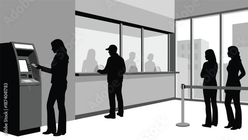Silhouette illustration of people conducting transactions in a bank or financial institution