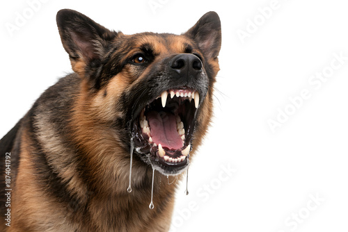An aggressive dog in mid-bark, visible salivary drool dripping from the jaws, concept of rabies awareness, animal bite danger