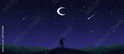 A pixel art landscape features a lone figure on a hilltop observing a crescent moon and shooting stars across a vast, dark blue night sky above silhouetted mountains