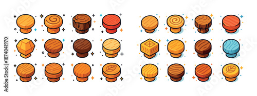 Variety of colorful wooden knobs with unique patterns and designs