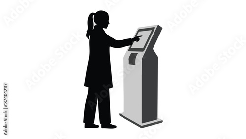 Person silhouette using self-service kiosk in a minimalist graphic style