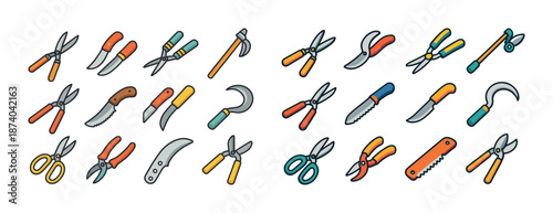 Colorful collection of gardening tools including shears, pruners, and knives
