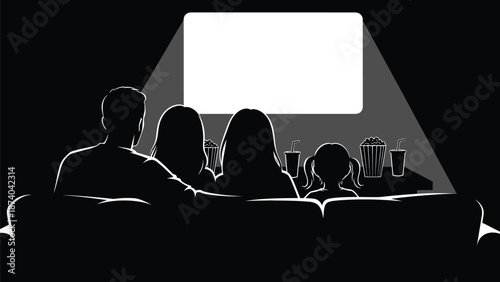 Silhouette illustration depicts a family of four sitting closely together on a couch watching a blank projection screen in a dark environment