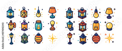 Colorful lanterns and lamps collection with sparkling details