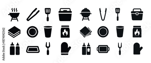 Set of bbq icons: grills, utensils, and containers in black silhouette