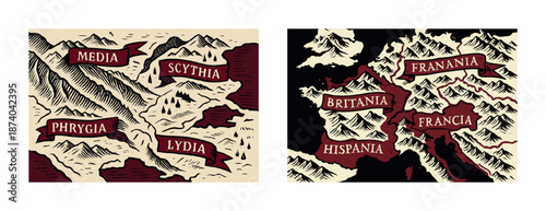 Ancient cartography maps of scythia, media, phrygia, lydia, franania, britannia, francia, hispania