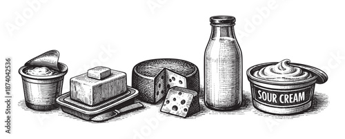 This detailed, vintage engraving illustration showcases an assortment of dairy products including cheese, butter, sour cream, and a bottle of milk, perfect for food-related designs.