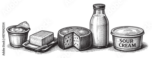 An etched style illustration depicts a collection of dairy products including butter, cheese, sour cream, and milk, presented on a white background.