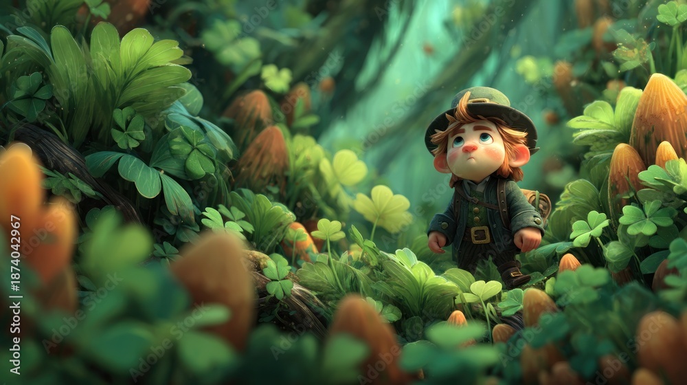 Fototapeta premium Curious young leprechaun exploring a magical forest filled with shamrocks, mushrooms, and glowing green light Generative AI