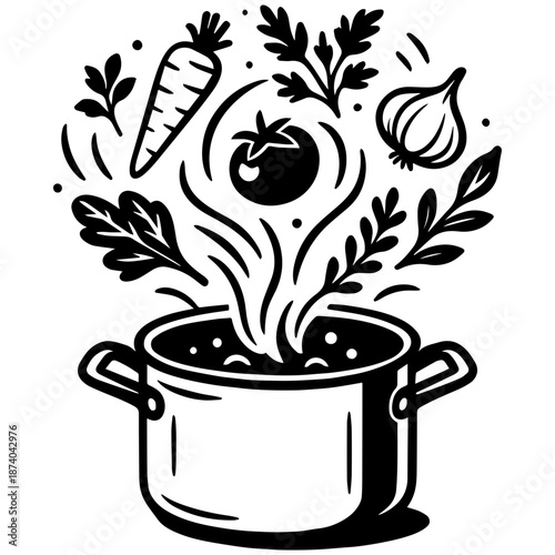 Boiling soup in pot with steam and vegetables vector line art for engrave and creative projects