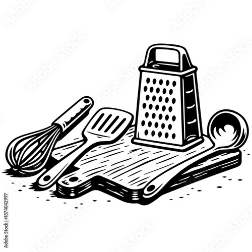 Kitchen tools with cutting board and grater vector line art, black and white illustration for engrave and laser engrave