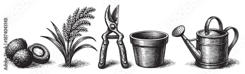 A detailed, monochromatic engraving depicts a collection of vintage gardening essentials including fruit, shears, a pot, and a watering can, evoking a sense of tradition and agriculture.