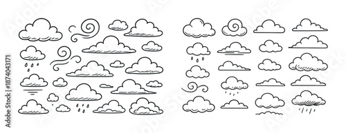 Collection of doodle clouds and weather icons illustrating various atmospheric conditions