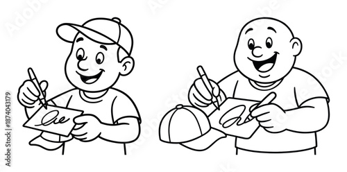 Cartoon boys drawing autographs on paper and cap