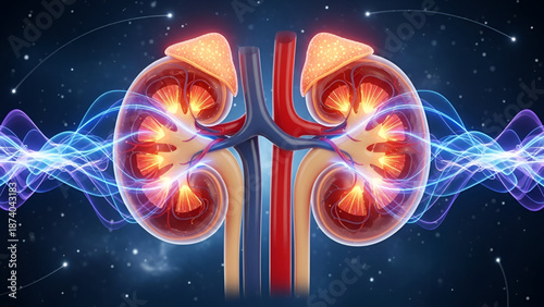 Kidney health medical illustration showing human renal system with glowing anatomy and energy waves for disease research diagnosis hospital education and healthcare marketing