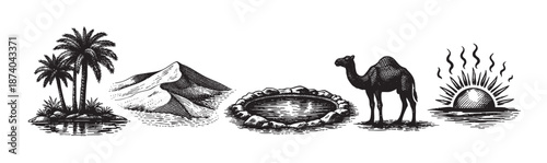 A vintage-style, black and white illustration depicts a desert landscape featuring palm trees, sand dunes, a watering hole, a camel, and a radiant sun.