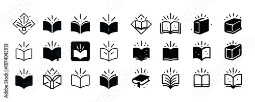 Collection of 24 unique book icons with open and closed designs