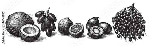 A detailed black and white engraving showcases an assortment of exotic fruits, including a coconut, dates, oranges, and berries, presented in a vintage botanical style with clean linework and cross-ha