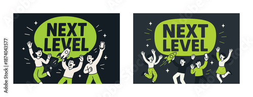 Excited group celebrating achievement with loud next level green sign