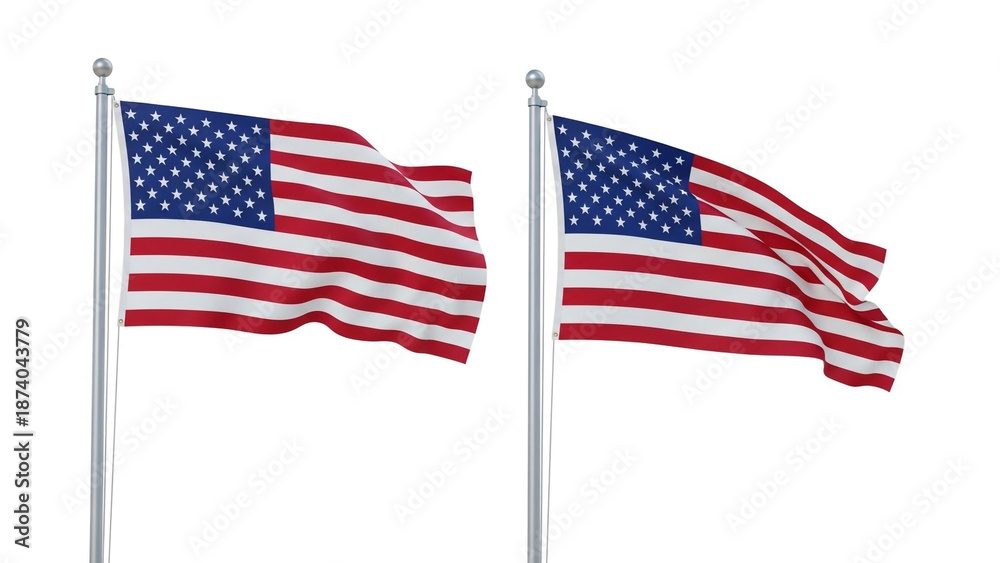 Obraz premium American flags waving on silver poles against white background