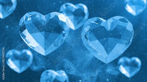 Mesmerizing blue crystal hearts shimmer and glow in a dynamic ethereal backdrop, perfect for expressing love and celebrating a magical valentine