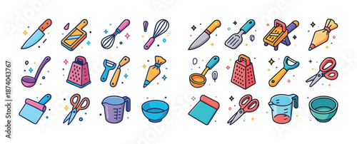Colorful kitchen utensils and tools icon set
