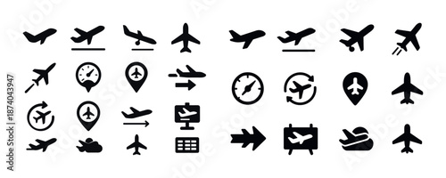 Set of airplane and flight icons including clocks and maps