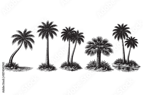 A collection of five distinct black and white hand-drawn palm trees, depicted in a sketch style with a white background, evoking a tropical island vibe.