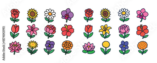 Colorful cartoon flowers collection with various blooms and petals