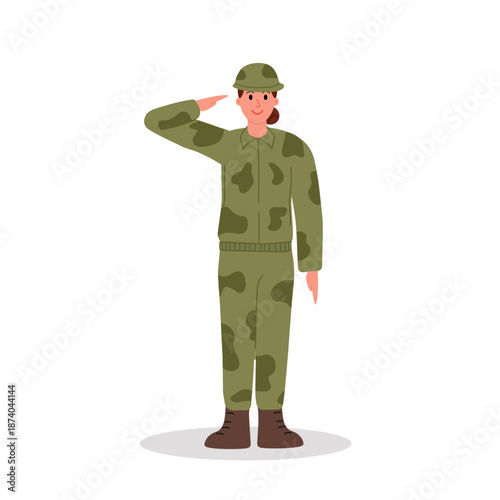 White woman soldier in camouflage uniform stands attention and salutes. Flat vector illustration with woman on duty