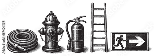A collection of essential fire safety equipment, including a coiled hose, hydrant, extinguisher, ladder, and exit sign, presented in a detailed black and white woodcut illustration style
